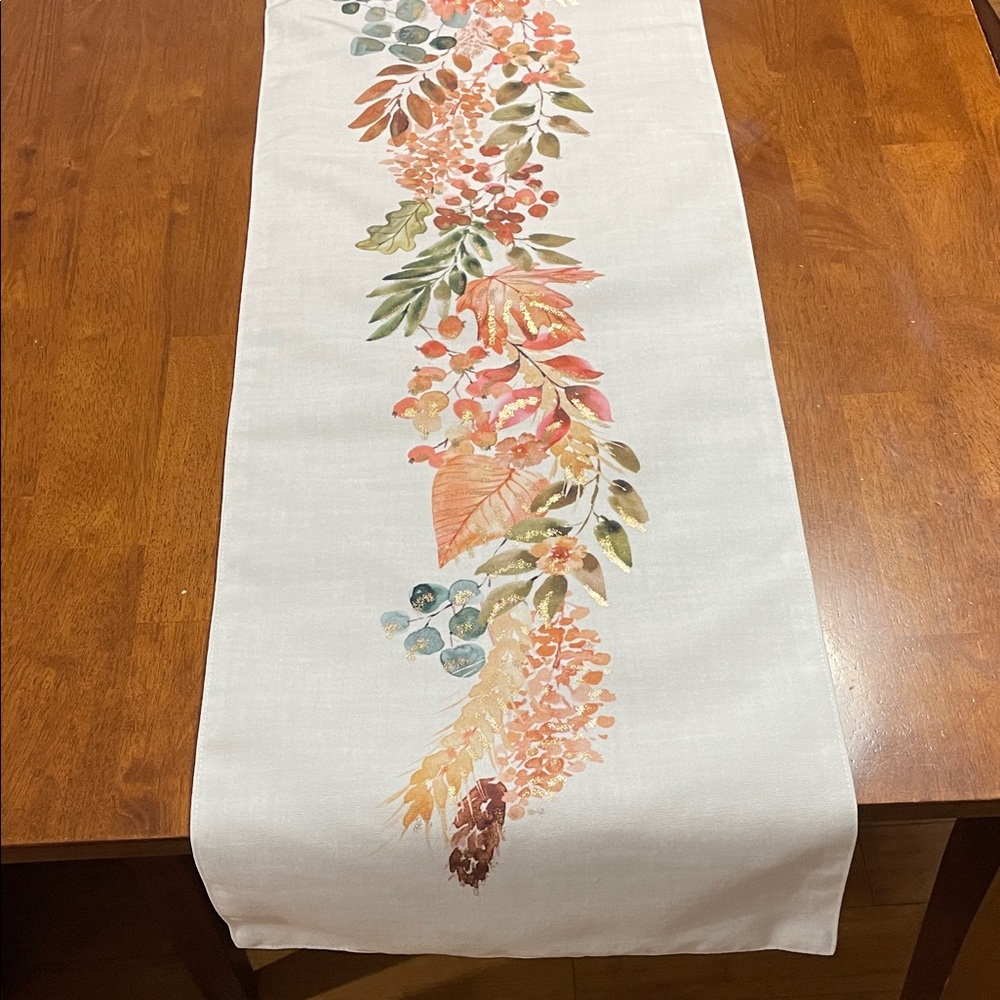 Shabby Chic Table Runner 14” x 72” Fall Thanksgiving Leaf Gold Botanic
